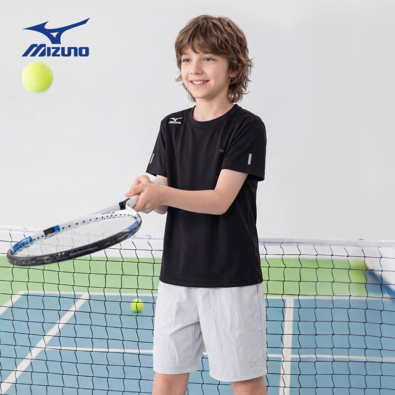 美津浓（MIZUNO）儿童速干T恤男2026年夏季轻薄短袖T恤透气男童运动上衣潮流女童 黑色 120 cm