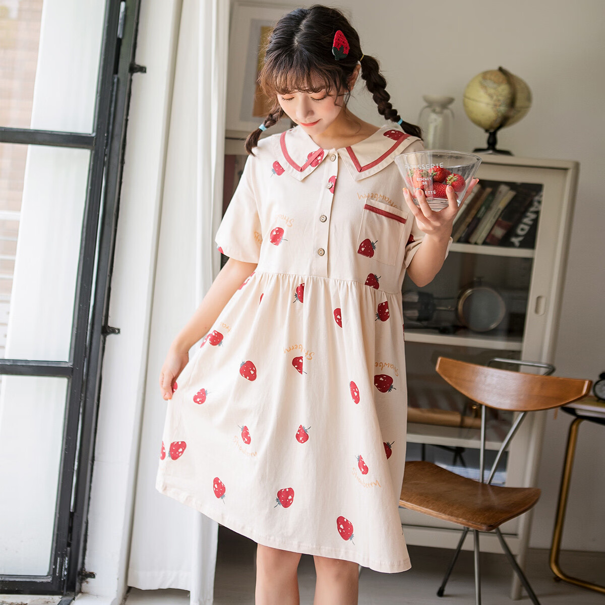 黛梦思睡裙女夏季新款女士纯棉可爱卡通甜美学生少女睡衣家居服可外穿 杏色 XL -女款 （建议120-140斤）