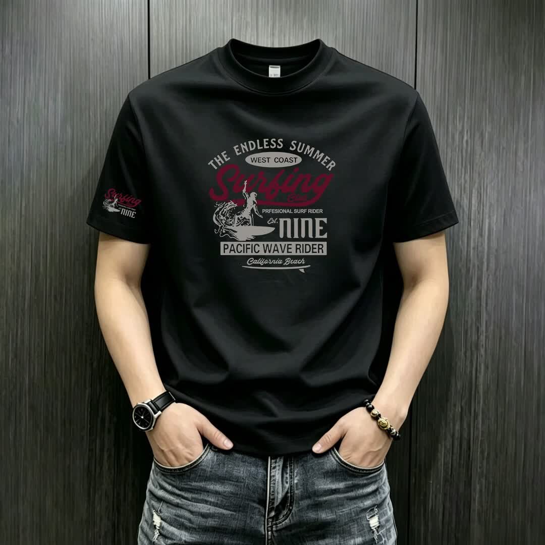 【高端品质】美式潮牌短袖圆领宽松T恤男士夏季纯棉休闲百搭上衣 黑色（大图） 2XL 建议160-180斤
