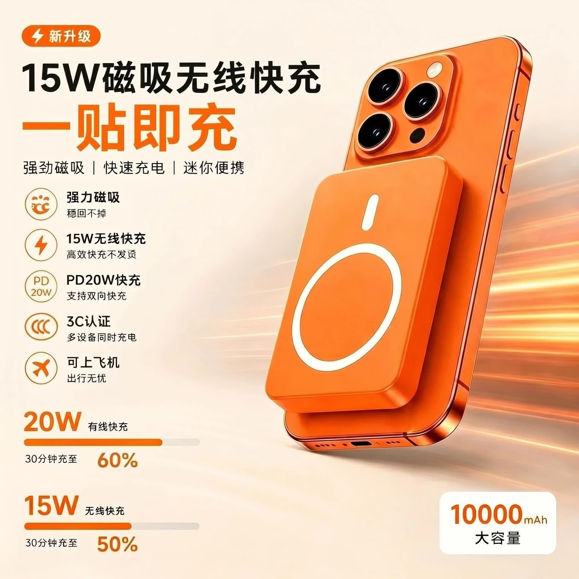 充电宝华为适用国标3C认证充电宝Magsafe无线充超级快充磁吸移动电源 蓝色【普通磁吸5W】 10000毫安