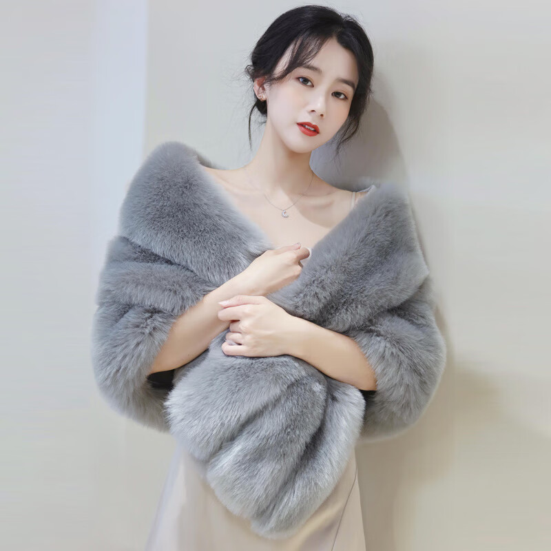 皮尔卡丹婚纱披肩女秋冬季高端宴会结婚礼服旗袍外搭狐狸毛皮草斗篷