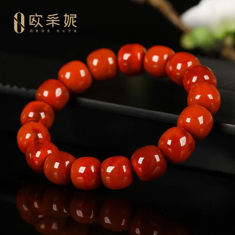 欧采妮(OUCERNY)南红手串收藏级天然凉山妖花牛血红火焰纹玛瑙大桶珠手链本命年 天然南红 一物一证
