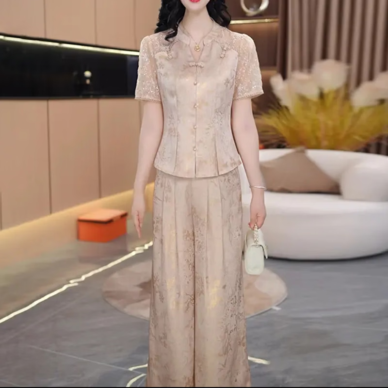香影纯高档新中式短袖两件套女2026夏季新款流行妈妈通勤显瘦阔腿裤套装 图片色 3XL (建议140-150斤)