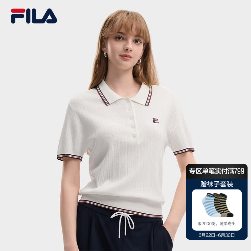 FILA 斐乐官方女子编织衫2026新款简约休闲百搭翻领短袖POLO上衣 标准白-WT L 170/88A/L