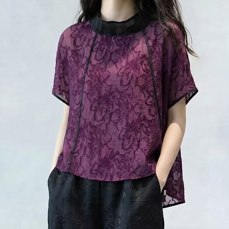 【专柜同款】新中式紫色立领T恤女2026夏季新款时尚减龄独特别致 紫红色 【高品质】 M 建议90斤-135斤