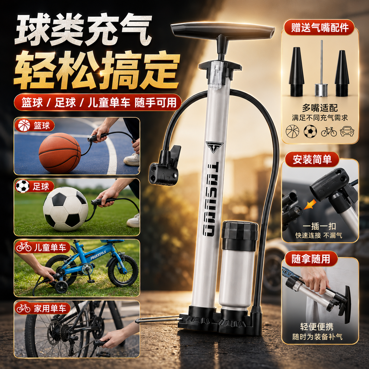 JCZS精工自行车打气筒家用通用高压便携式耐用山地公路带气压表充 【德国精工】高压带表 160PSI