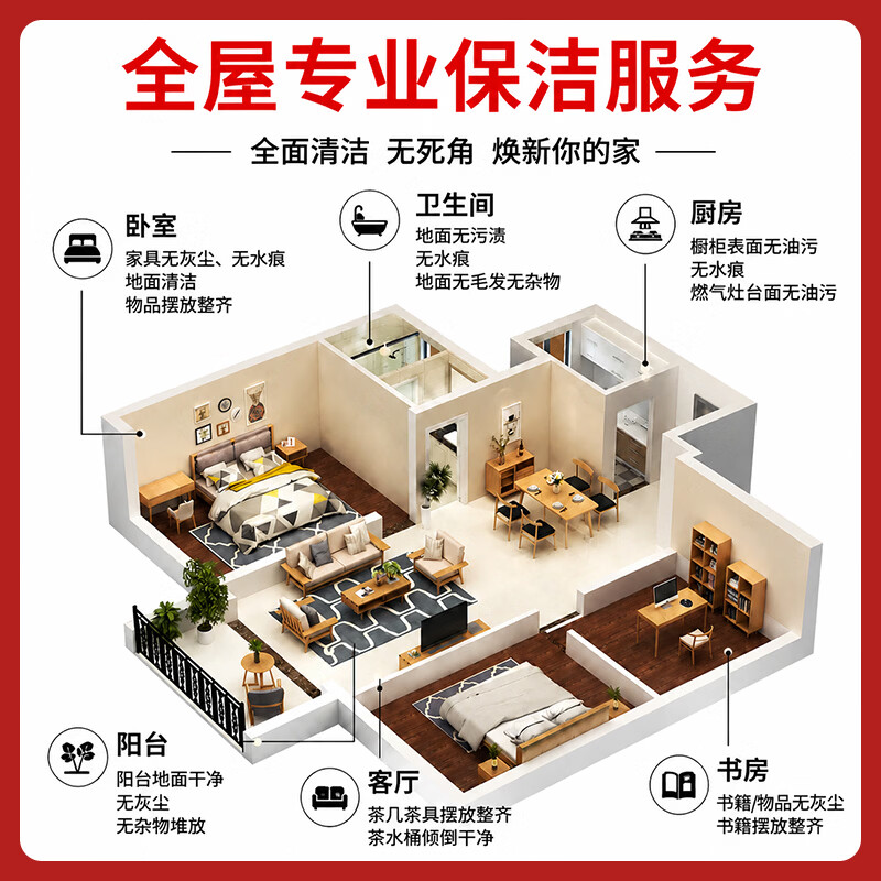 【全屋深度保洁】 精细深度保洁 全屋打扫上门清洁服务擦玻璃 日常保洁清理 同城服务保洁 4小时深度保洁+擦窗(全屋大扫除，擦内外玻璃)