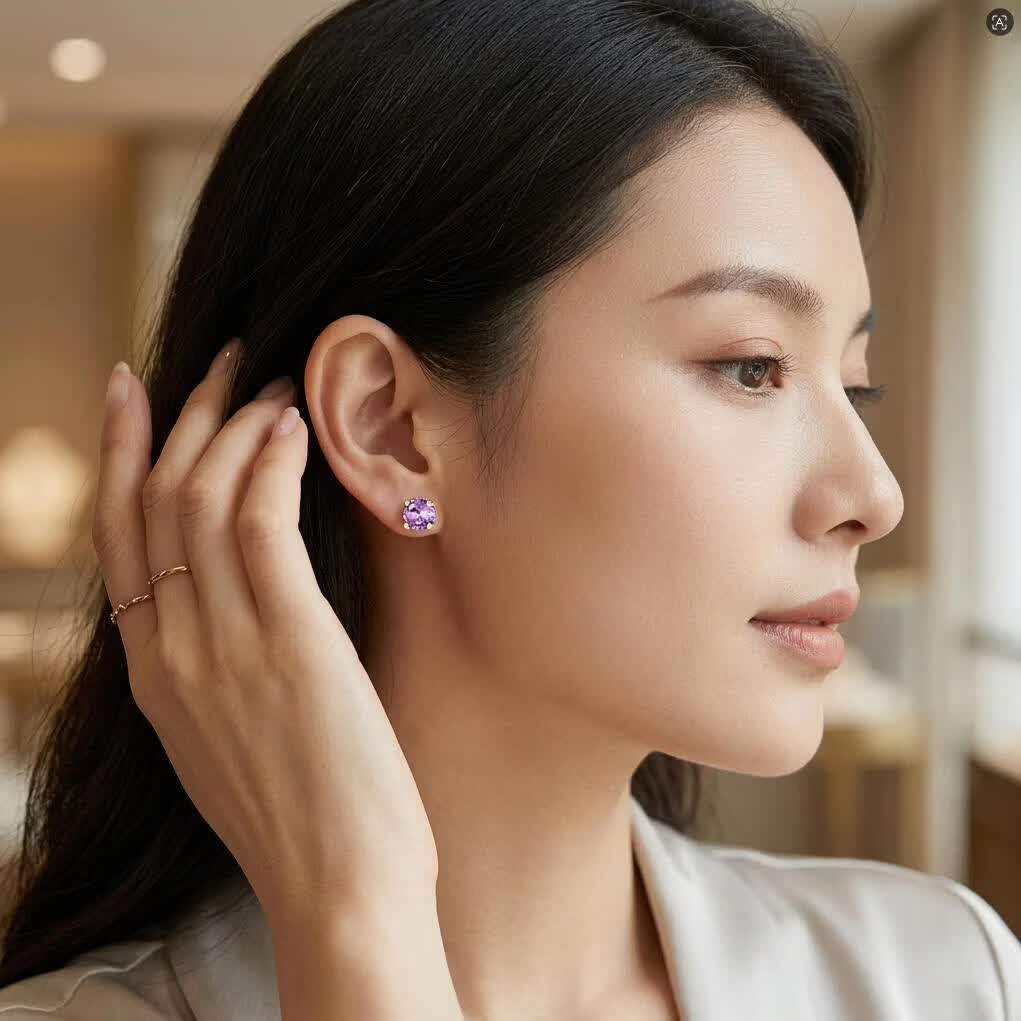 嗜蜜S925纯银镀金紫色宝石耳钉轻奢小众高级感送女友老婆生日女生首饰 S925纯银18k金(粗1mm长11mm)两只