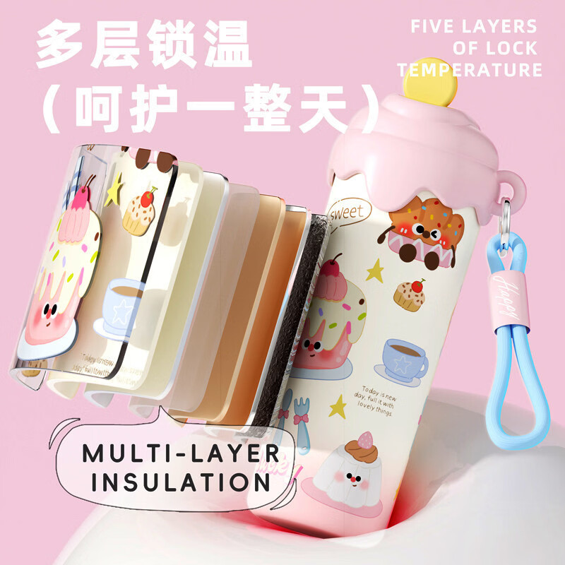 Westinburg卡通小狗公仔保温杯316不锈钢便携可爱学生女高颜值随身喝水杯子 【冰淇淋杯】食品级不锈钢/粉色
