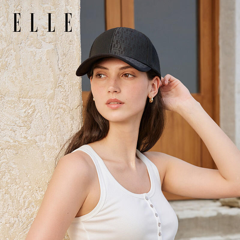 ELLE棒球帽男女时尚情侣鸭舌帽户外遮阳防晒提花帽子可调节 经典黑 M 56-58cm