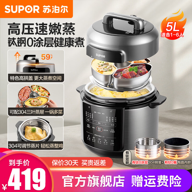 苏泊尔（SUPOR）有钛0涂层速嫩蒸电压力锅5L家用大容量电饭煲1000W上蒸下煮高压锅电饭锅4-6人智能预约 有钛0涂层【带三叶蒸屉】 5L