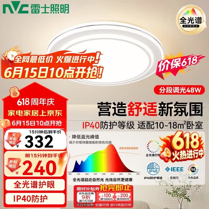 雷士（NVC）LED照明全光谱护眼吸顶灯卧室餐厅防眩三色圆形48w皓玉银