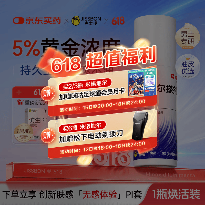 杰士邦5%米诺地尔酊搽剂60ml*1瓶男士专用治脱发防脱生发液泡沫育发发际线增长斑秃米洛京东自营