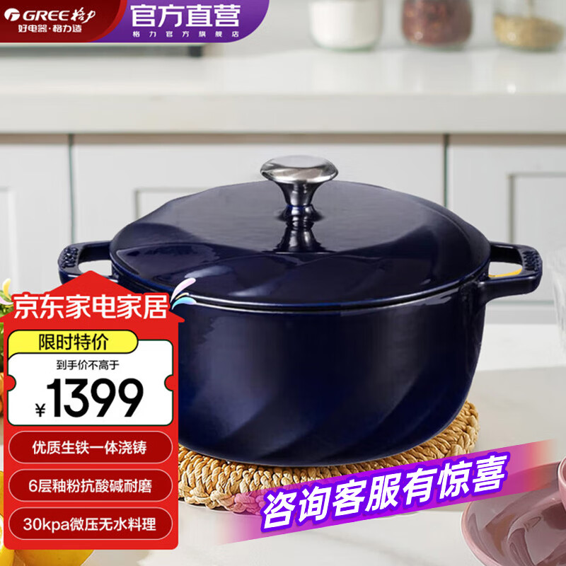 大松(TOSOT)格力珐琅锅铸铁锅无涂层炖锅双耳汤锅砂锅微压明火电磁炉永不变色 黛蓝 24cm 3.8L