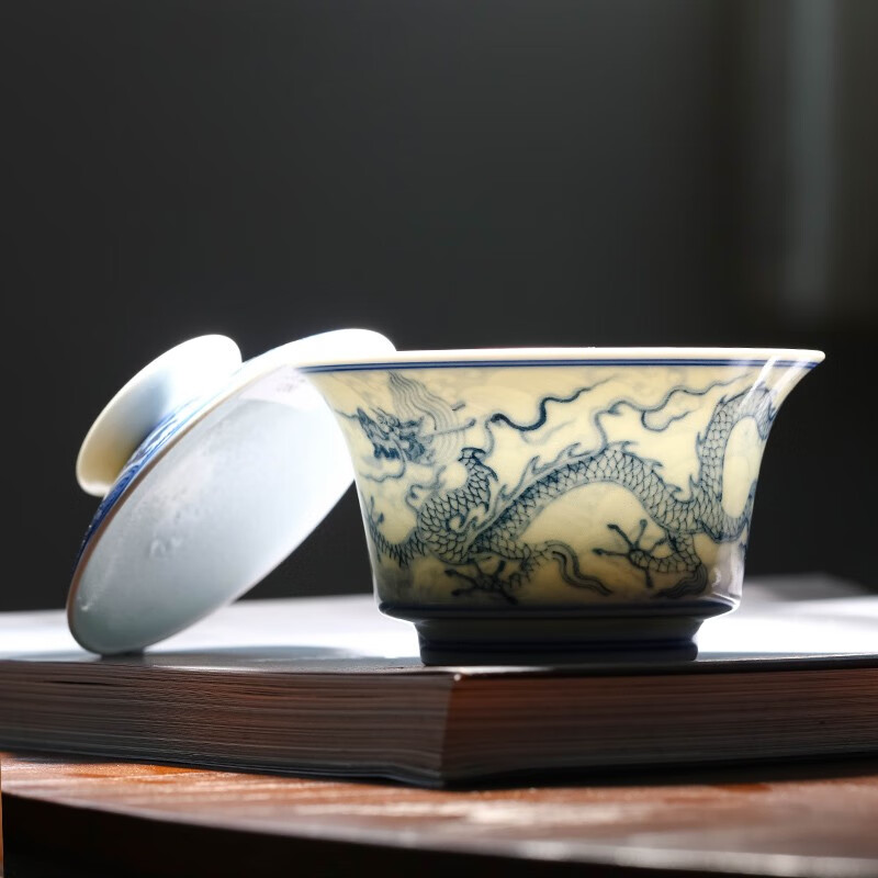 御嘉斋景德镇柴窑淡海水龙纹盖碗壶承陶瓷泡茶碗手绘茶具中国古代茶杯