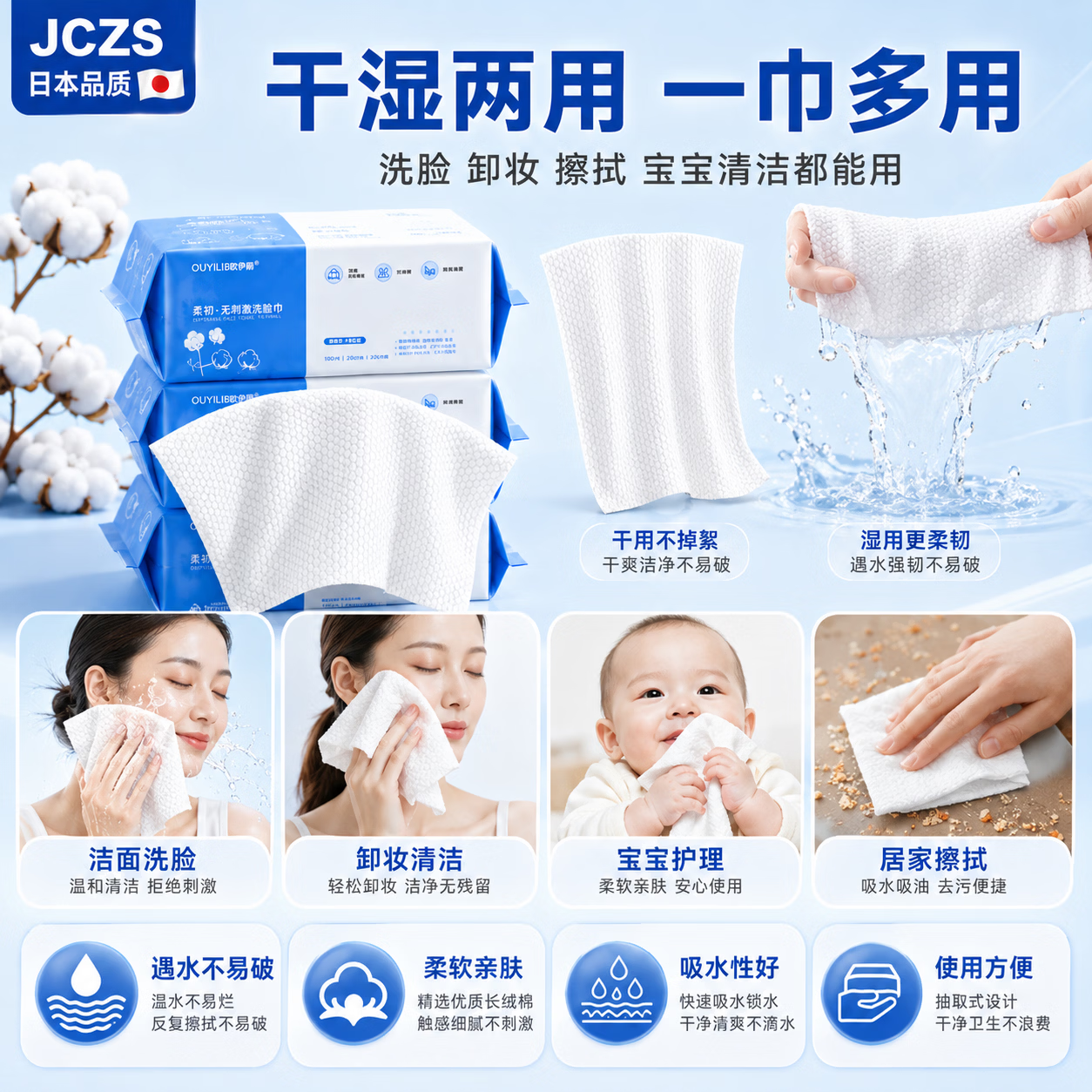 JCZS德国洗脸巾一次性纯棉加厚洗面擦脸洁面巾卸妆抽取式 新款加大加厚款珍珠纹100片*5包