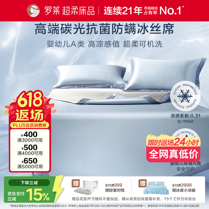 罗莱家纺 A类冰丝席【可机洗】抗菌防螨凉席床笠款三件套蓝180*200*30