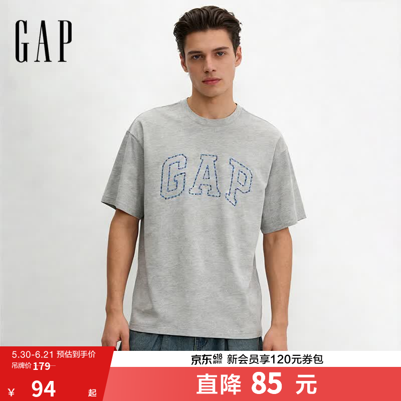 盖璞Gap男女装2026春季新款纯棉logo字母宽松短袖T恤百搭上衣 浅灰色 868224 L (175/96A)亚洲尺码