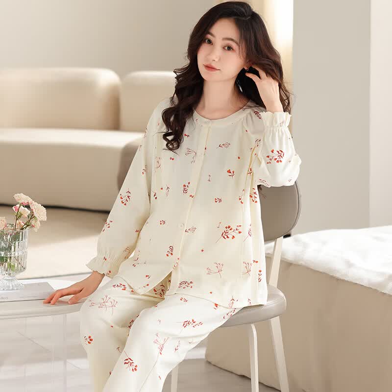 ROVO月子服孕妇装产后睡衣套装夏季薄款产后喂奶产妇哺乳家居服 米色碎花 XXL