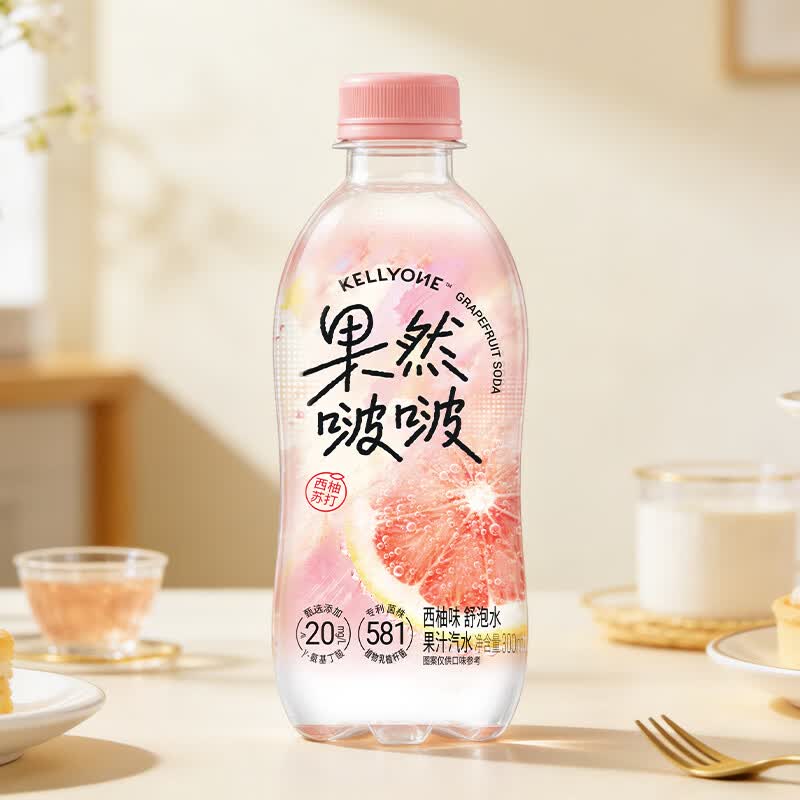 宏胜KELLYONE果然啵啵果汁汽水 柠檬苏打 柠檬味舒泡水 清甜回甘 西柚味300ml*6瓶