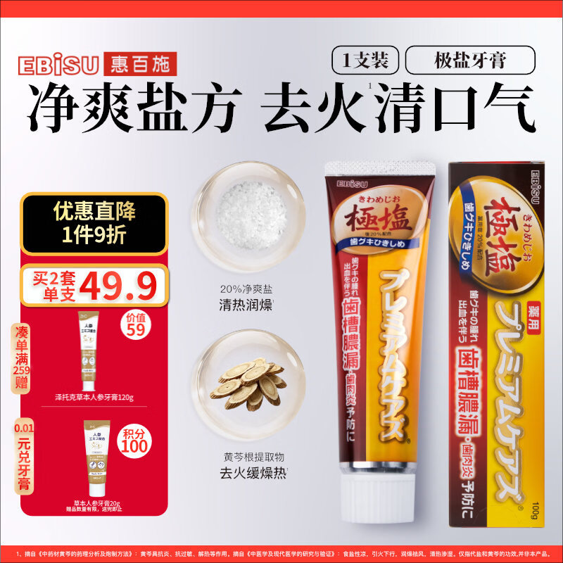 惠百施日本极盐牙膏下火养龈清新口气 牙龈护理牙周清洁柚子味1支装100g