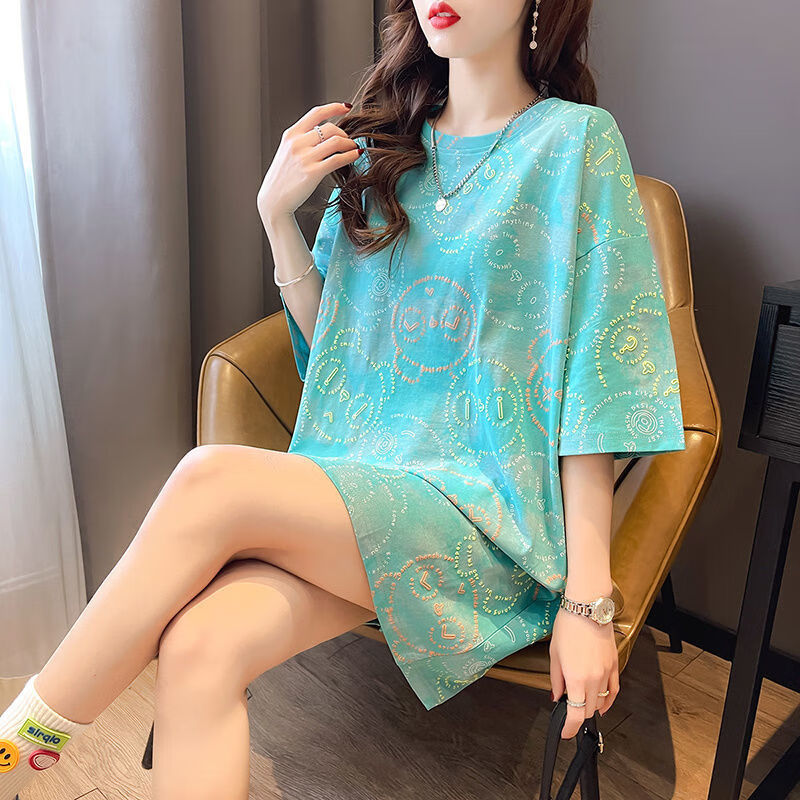 女装2022新款夏装高级感超好看上衣中短袖遮屁股洋气宽松t恤 6077青色