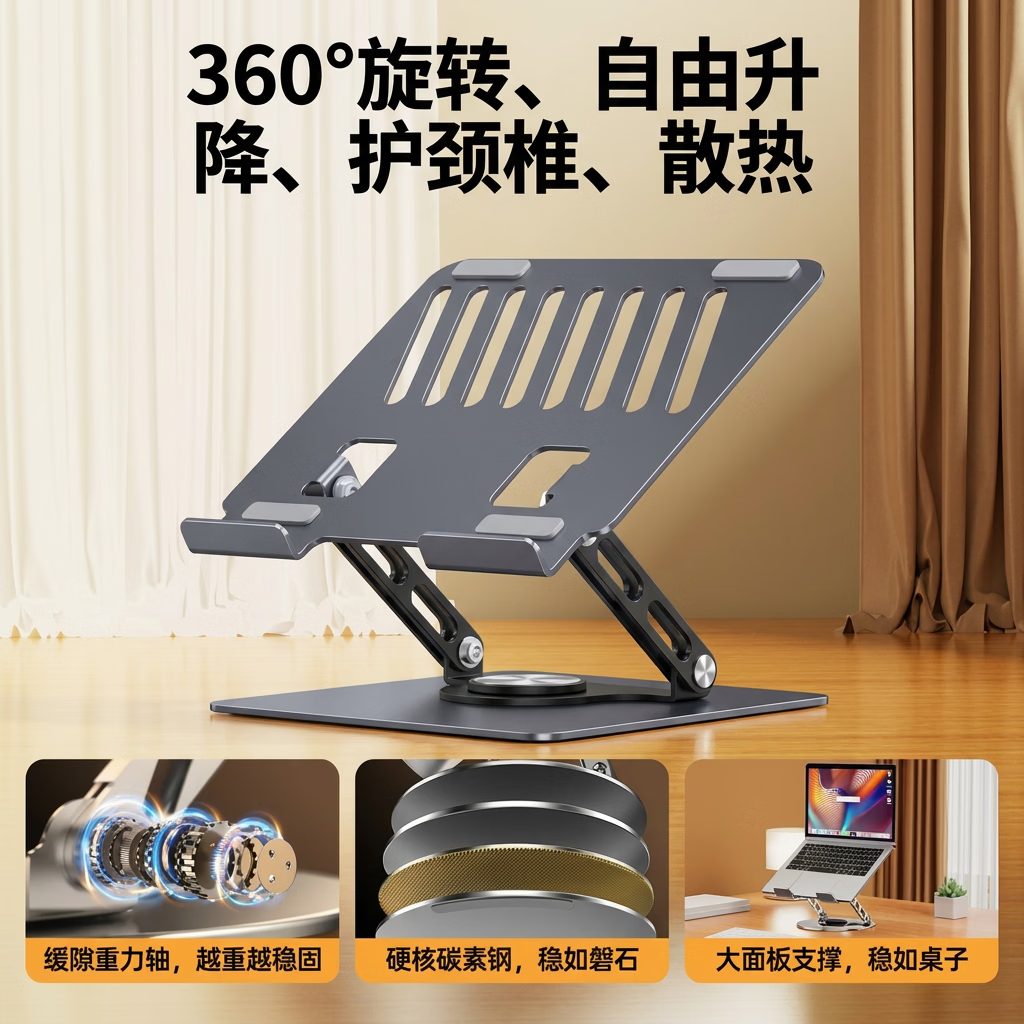 好教视360度可旋转笔记本电脑支架桌面增高架可折叠升降调节散热器托架笔记本支架平板 黑色 京东折扣/优惠券