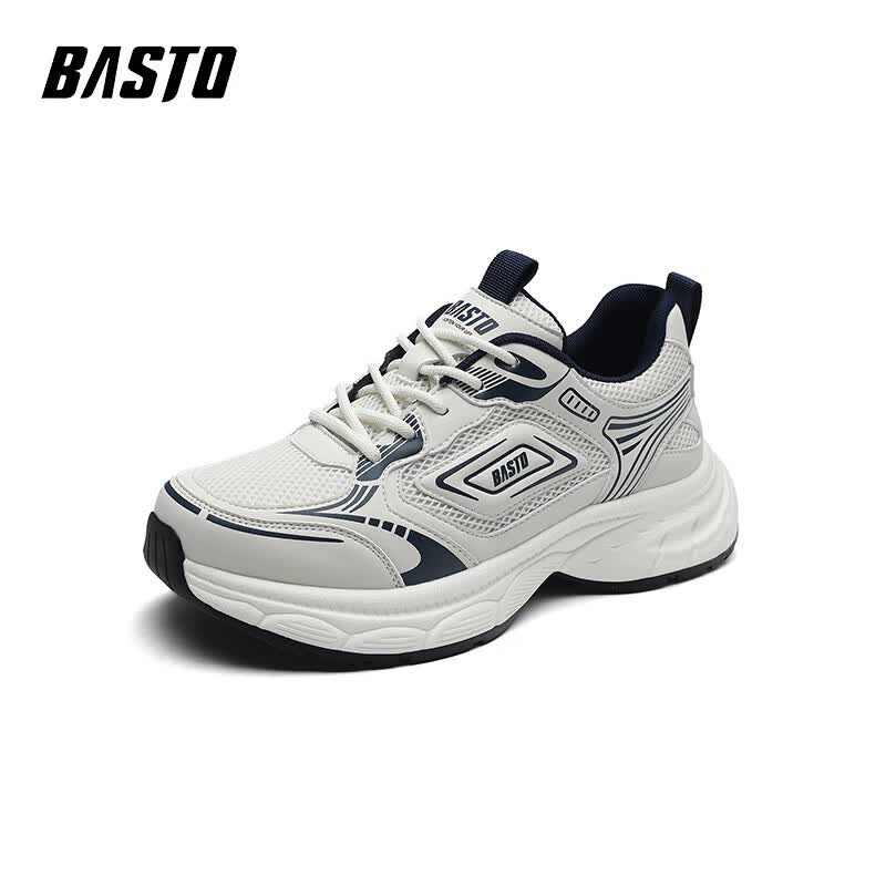 百思图（BASTO）厚底增高老爹鞋男2026新款夏季网面透气男士运动鞋防滑耐磨面包鞋 白色 39 【运动鞋码】