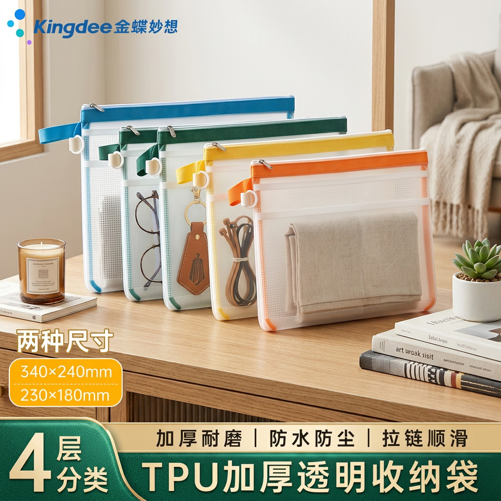 金蝶科目袋TPU加厚半透明文件袋多隔层防水收纳袋磨砂材质学生试卷作业手提补习袋重要票据资料拉链袋 A4【肤感材质/四层防水】4个装（黄橙蓝绿）