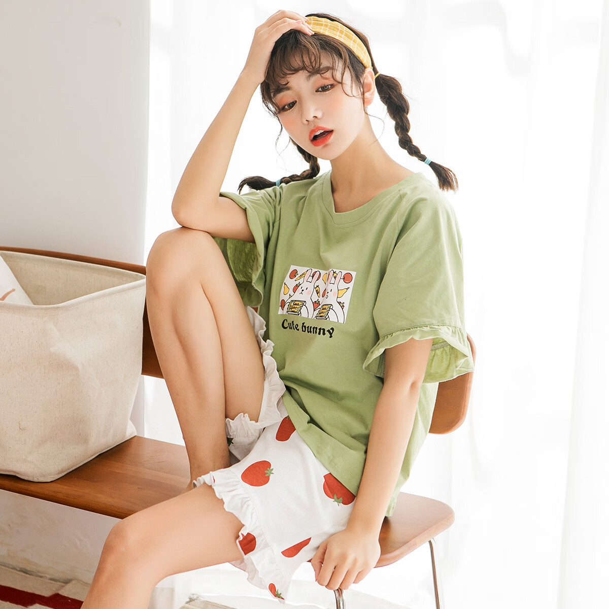 黛梦思睡衣女100%纯棉圆领休闲风可爱甜美短袖家居服套装 绿色 （亲肤纯棉） M -女款 （建议80-105斤）