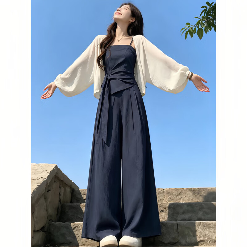 韩璐娇(hanlujiao)温柔气质休闲阔腿裤套装女夏季吊带背心针织衫衣服女装裤子三件套 杏色外披+吊带+阔腿裤【三件套】 XL (建议125斤-135斤)