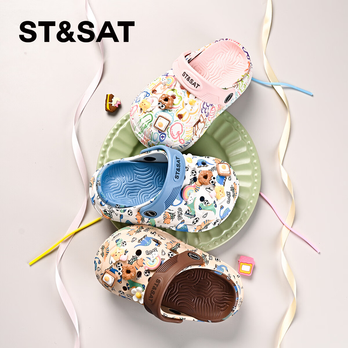 星期六(St&Sat)童鞋夏季儿童洞洞鞋卡通凉拖鞋轻便透气防滑户外一脚蹬女童沙滩鞋 灰蓝 39 -40【鞋内长25cm】