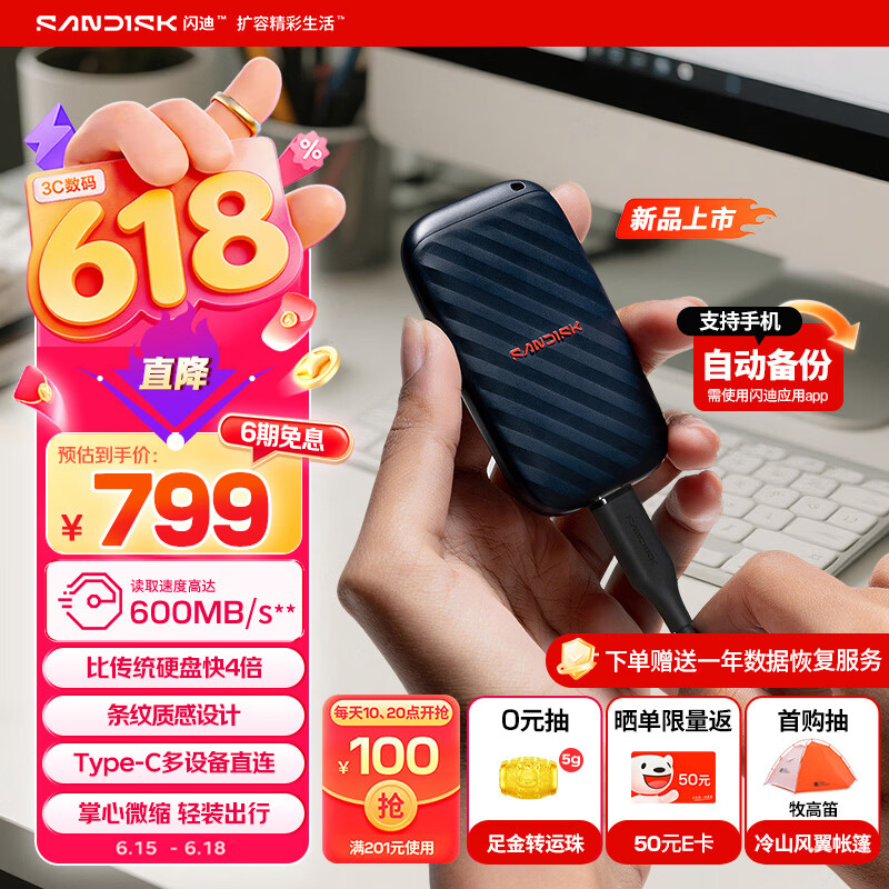 闪迪（SanDisk）精灵1TB 移动硬盘 ELE升级款 读速600MB/s  Type-C USB3.2手机直连笔记本电脑 外接存储  固态硬盘