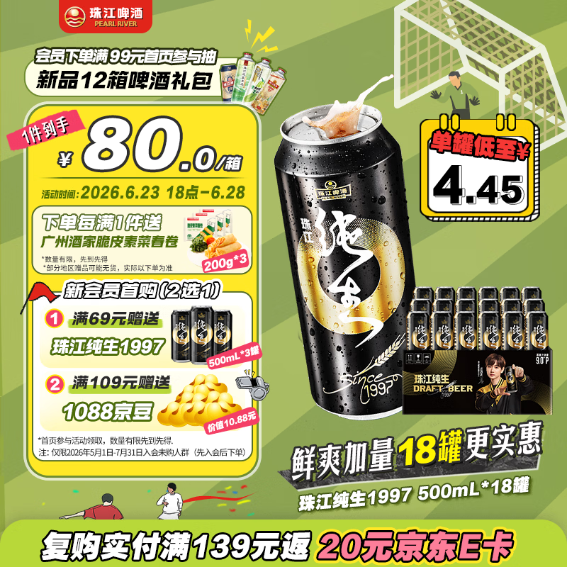 珠江啤酒（PEARL RIVER）【18罐量贩装】9度 珠江97纯生淡爽拉格啤酒 500mL*18罐 整箱装