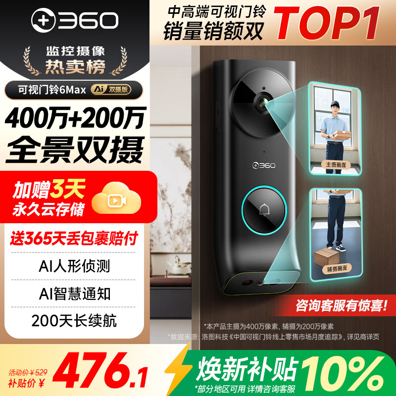 360双摄可视门铃6MAX 400万+200万家用监控智能电子猫眼摄像头红外夜视远程通话包裹快递识别
