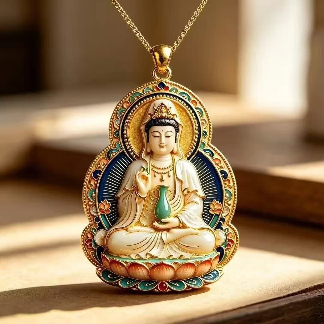 古法金珐琅彩观音吊坠