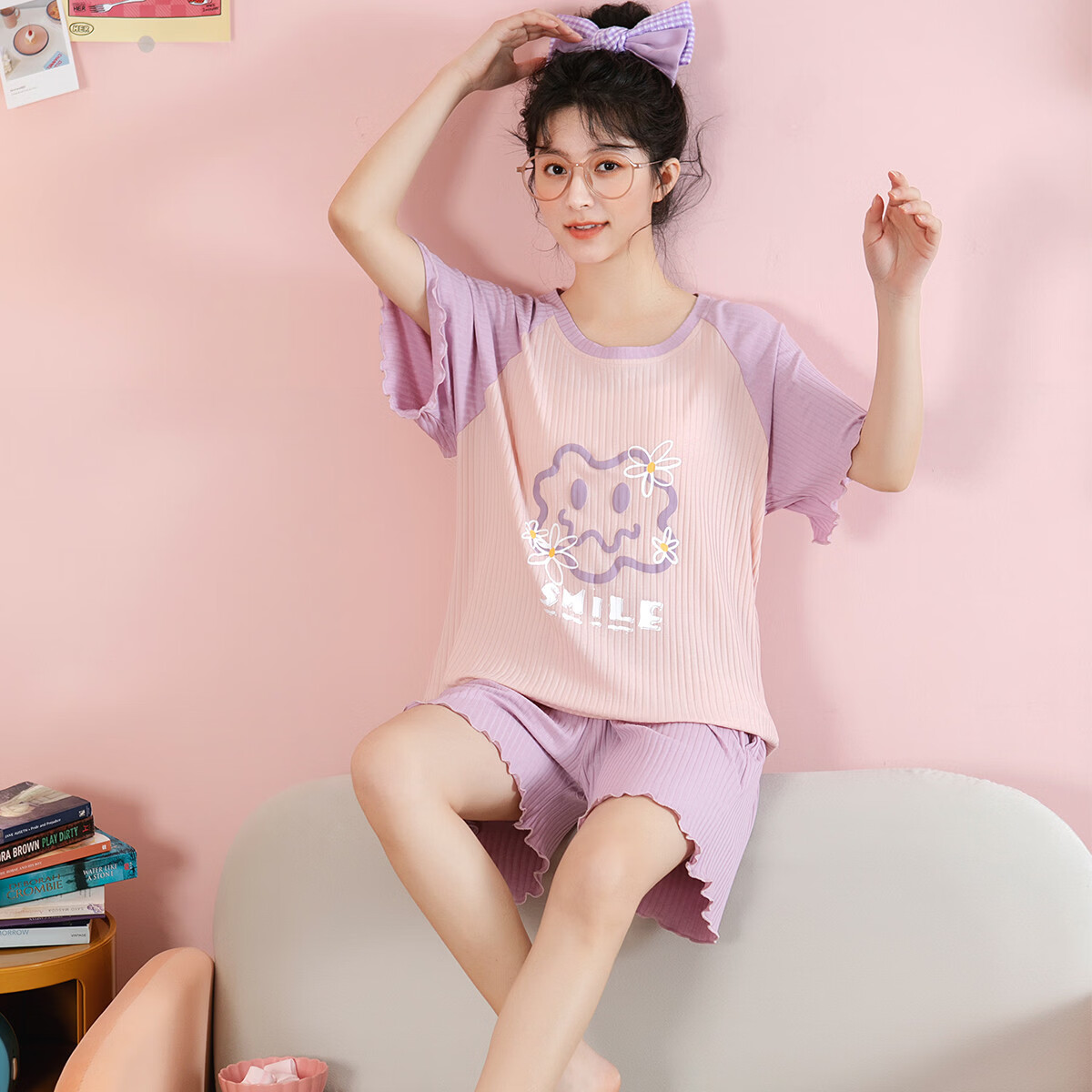黛梦思睡衣女夏季2026年新款少女初高中学生短袖短裤薄款可外穿家居服 浅紫 （凉而不冰） XL -女款 （建议120-140斤）
