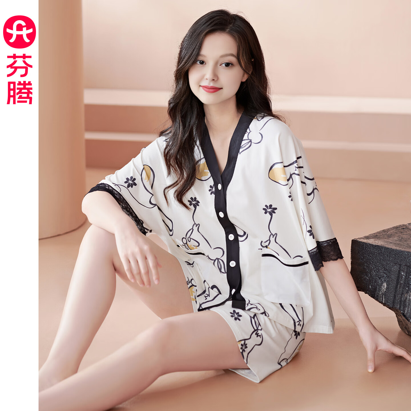 芬腾睡衣女款夏季纯棉短袖可外穿休闲薄款夏天凉感大码家居服套装 FJ27921928米色 M 建议90-110斤