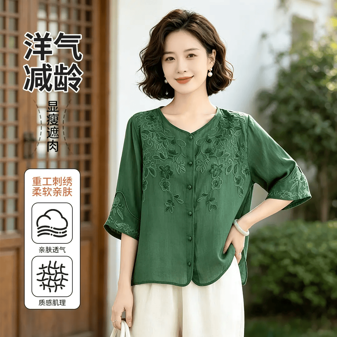 【专柜正品】重工刺绣文艺复古衬衫搭配宽松休闲夏季上衣女 绿色 2XL 建议135-150斤