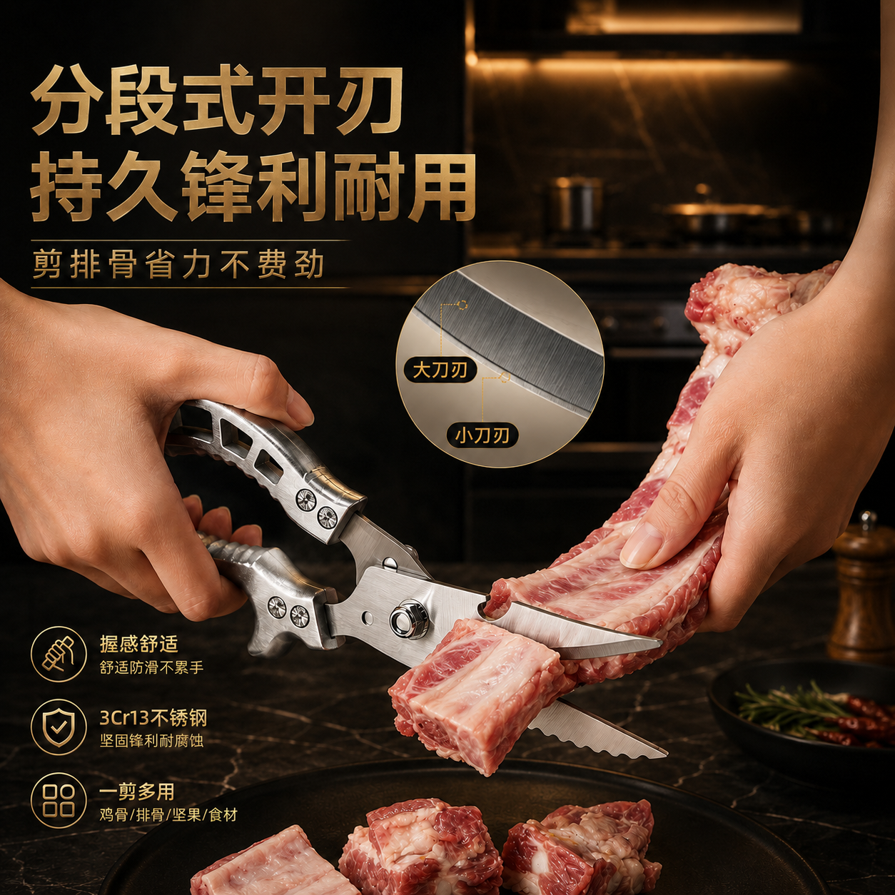 HURSTAHL厨房剪刀食品级剪骨头多功能家用不锈钢强力剪鸡鸭鱼鹅专剪硬骨头 厨房多功能剪刀【最新第六代】 鸡鸭鱼鹅都能剪|专剪硬骨头 京仓直发 当/次日达