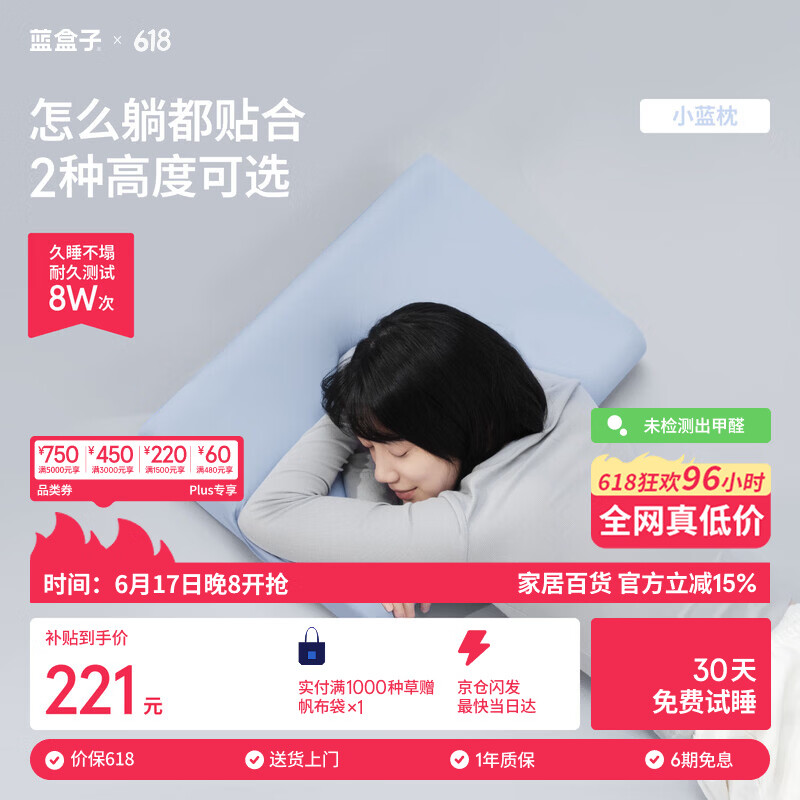 蓝盒子小蓝枕N2记忆棉枕成人深睡枕芯护颈枕慢回弹宿舍透气浅灰10cm