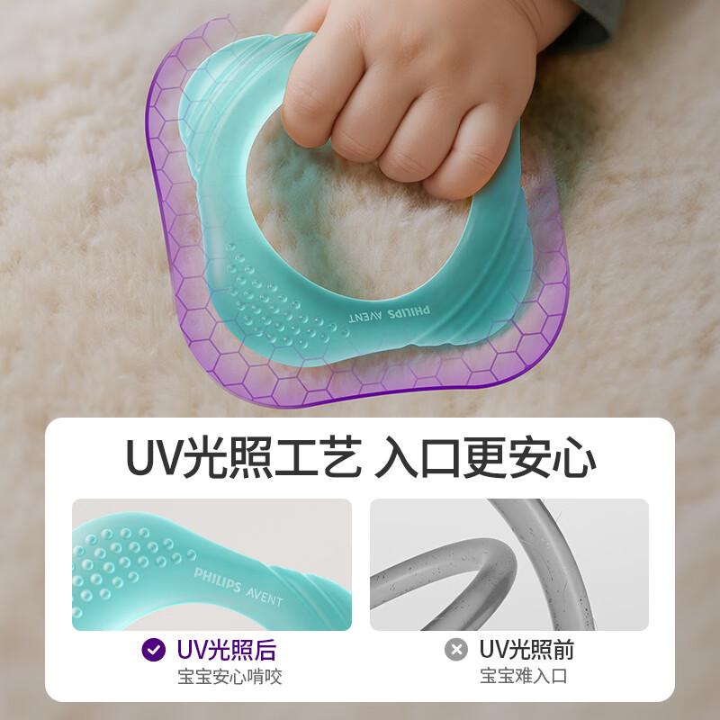 新安怡（AVENT）牙胶婴儿食品级硅胶可啃咬安抚0-6个月口欲期易抓握防吞咽磨牙 【食品级硅胶】冰柠蓝 魔比斯环牙胶