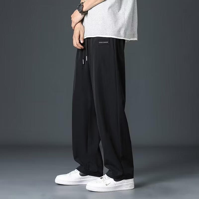 布卡澜琦男士薄款休闲长裤夏季潮流韩版百搭时尚男裤宽松直筒冰丝运动长裤 K97黑色 XL (建议110-125斤)