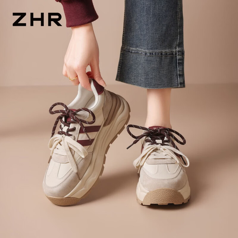 ZHR则则德训鞋女2026新款休闲运动鞋厚底增高小白鞋耐磨防滑 米红 38