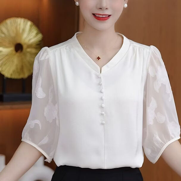 【爆款热卖】2026新款V领短袖衬衫女宽松显瘦百搭上衣气质小衫 白色 3XL 建议体重【120-130斤】