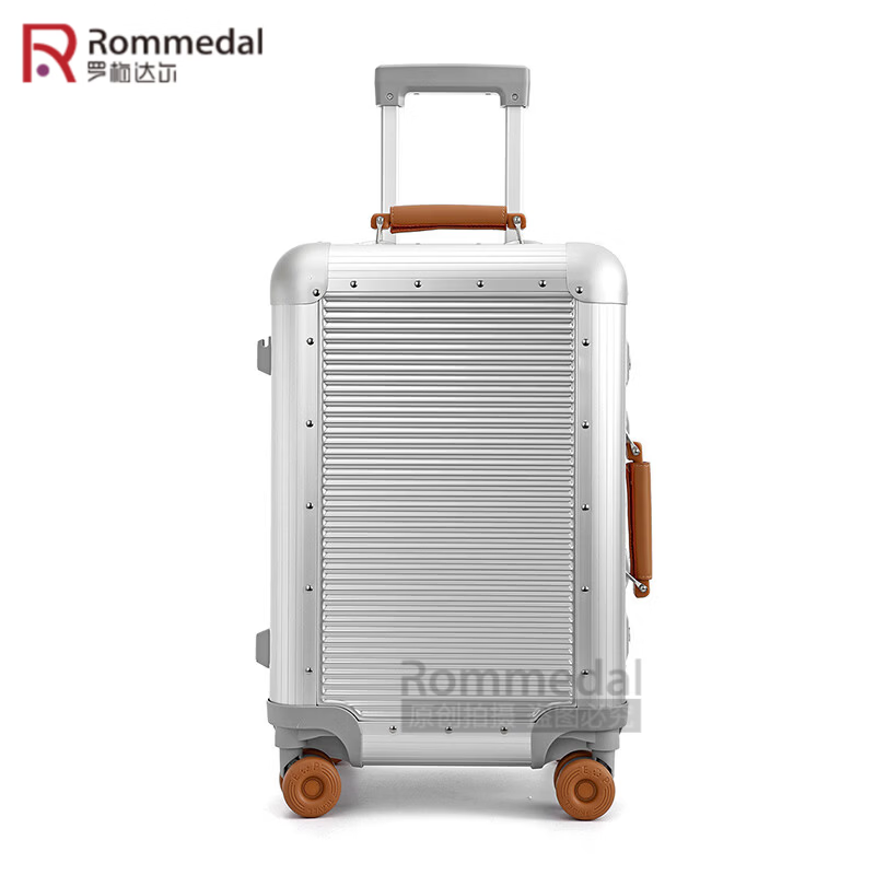 罗梅达尔(Rommedal)加厚铝框行李箱20寸商务旅行登机箱24寸结实耐用拉杆箱28寸大容量 银色【加厚箱体+水杯架】 20英寸 【可登机】