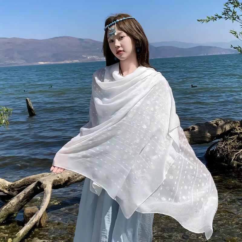 娆蝶文艺复古小花丝巾大尺寸夏季薄款沙滩丝巾防晒大披肩围巾多用百搭 白色 京东折扣/优惠券