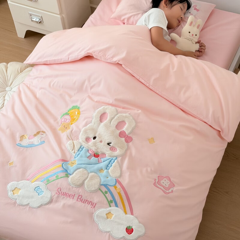 ROLAND LIVE儿童A类全棉水洗棉贴布绣花卡通幼儿园套件幼儿园三件套多件套 HSH 全棉水洗棉幼儿园套件-甜蜜小兔 子母大豆被芯七件套