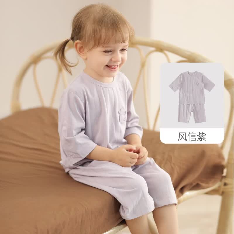 巴厘小猪【桑蚕丝】儿童睡衣夏季短袖男女童两件套薄款婴儿衣服宝宝家居服 风信紫 100