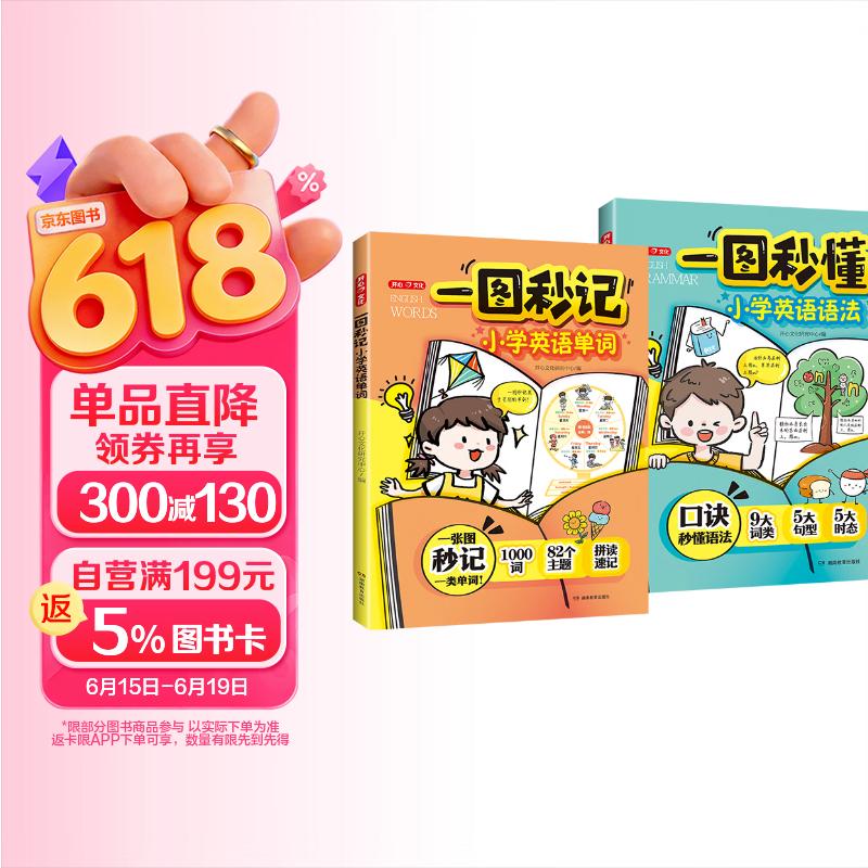 一图秒记小学英语单词+语法（2册） 2026漫画图解小学英语自然拼读趣味速记必背核心词汇语法知识大全